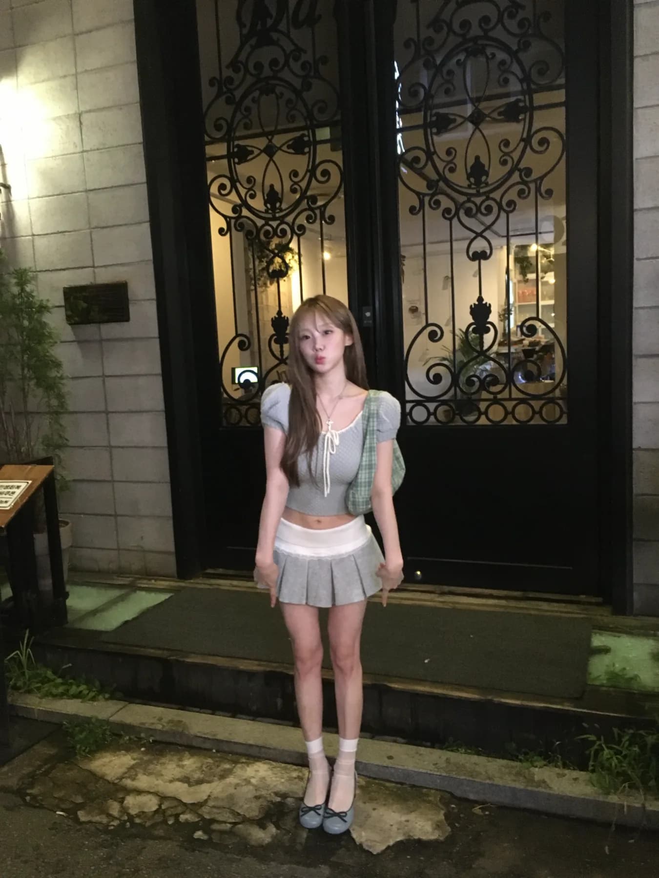 그레이 리본 퍼프 탑 셋업 상품 이미지 1