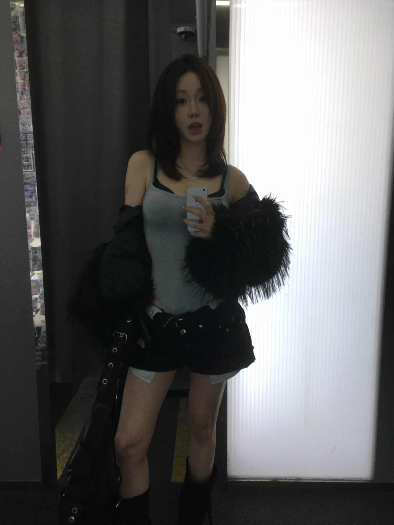 그레이 퍼 레이어드 미니 원피스 상품 이미지 1